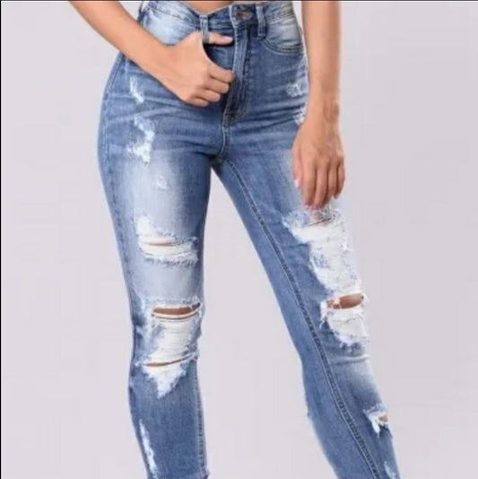 Sexy high waist ripped knee woman jean