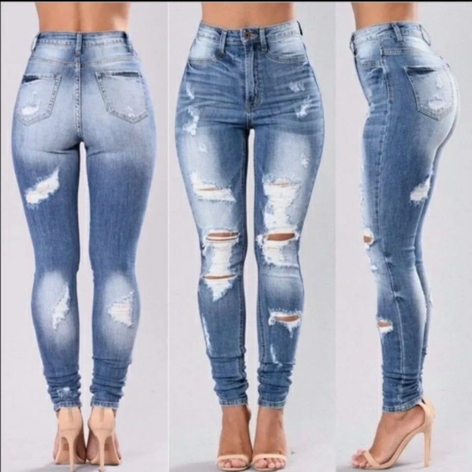 Sexy high waist ripped knee woman jean